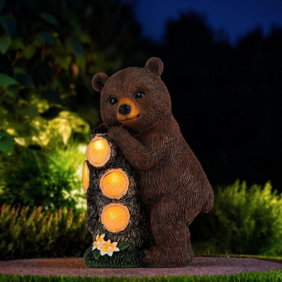 Resin Solar Brown Bear Statue Climbing Tree Trunk with LED Tree Rings for Garden - Picture 1 of 6